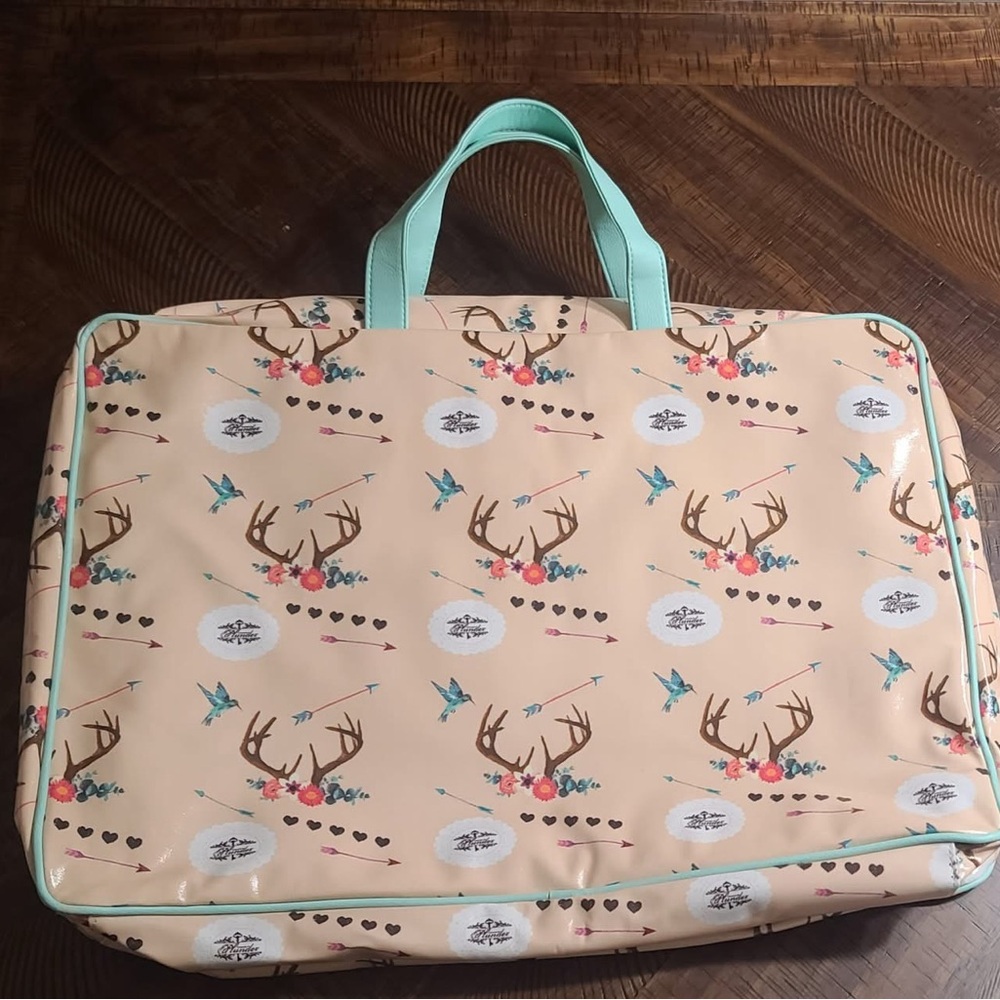 Plunder Floral Deer Antler Print Tan Teal Women's briefcase utility travel bag